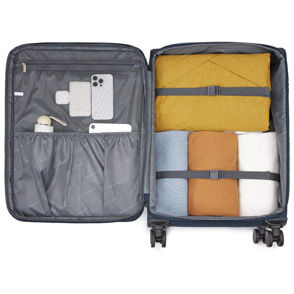 British Traveller Sleek Tough 24 Inch Travel Soft-Shell Suitcase with Silent TPE Spinners, TSA Security and Expandable Capacity - Navy