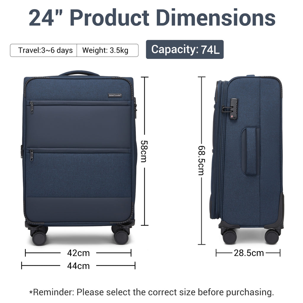 British Traveller Sleek Tough 24 Inch Travel Soft-Shell Suitcase with Silent TPE Spinners, TSA Security and Expandable Capacity - Navy