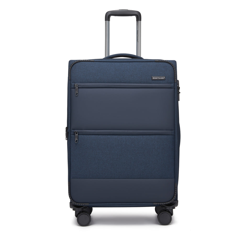 British Traveller Sleek Tough 24 Inch Travel Soft-Shell Suitcase with Silent TPE Spinners, TSA Security and Expandable Capacity - Navy