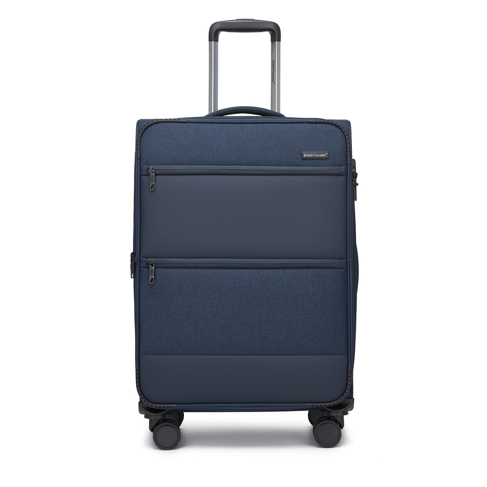 British Traveller Sleek Tough 24 Inch Travel Soft-Shell Suitcase with Silent TPE Spinners, TSA Security and Expandable Capacity - Navy