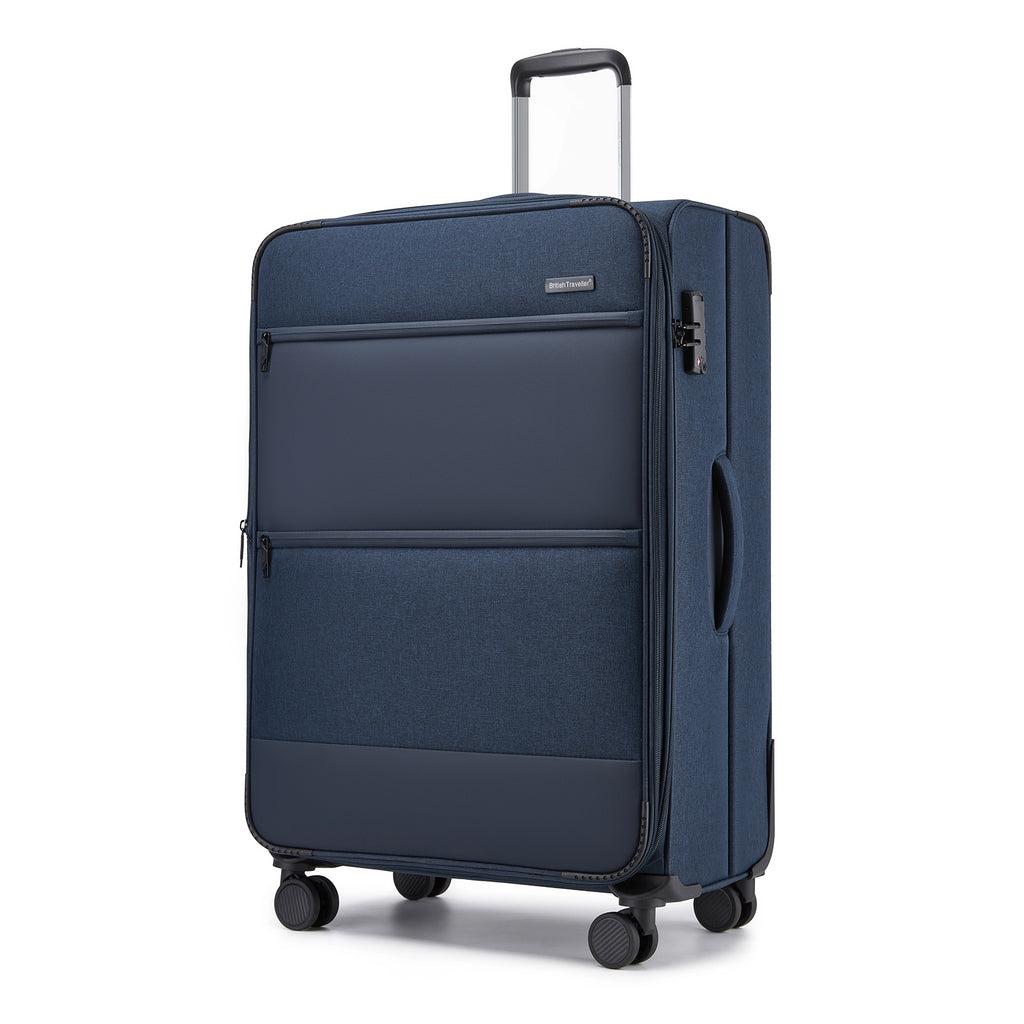 British Traveller 28″ Sleek Tough Soft-Shell Suitcase with Silent TPE Spinners, TSA Lock & Expandable Capacity – Navy