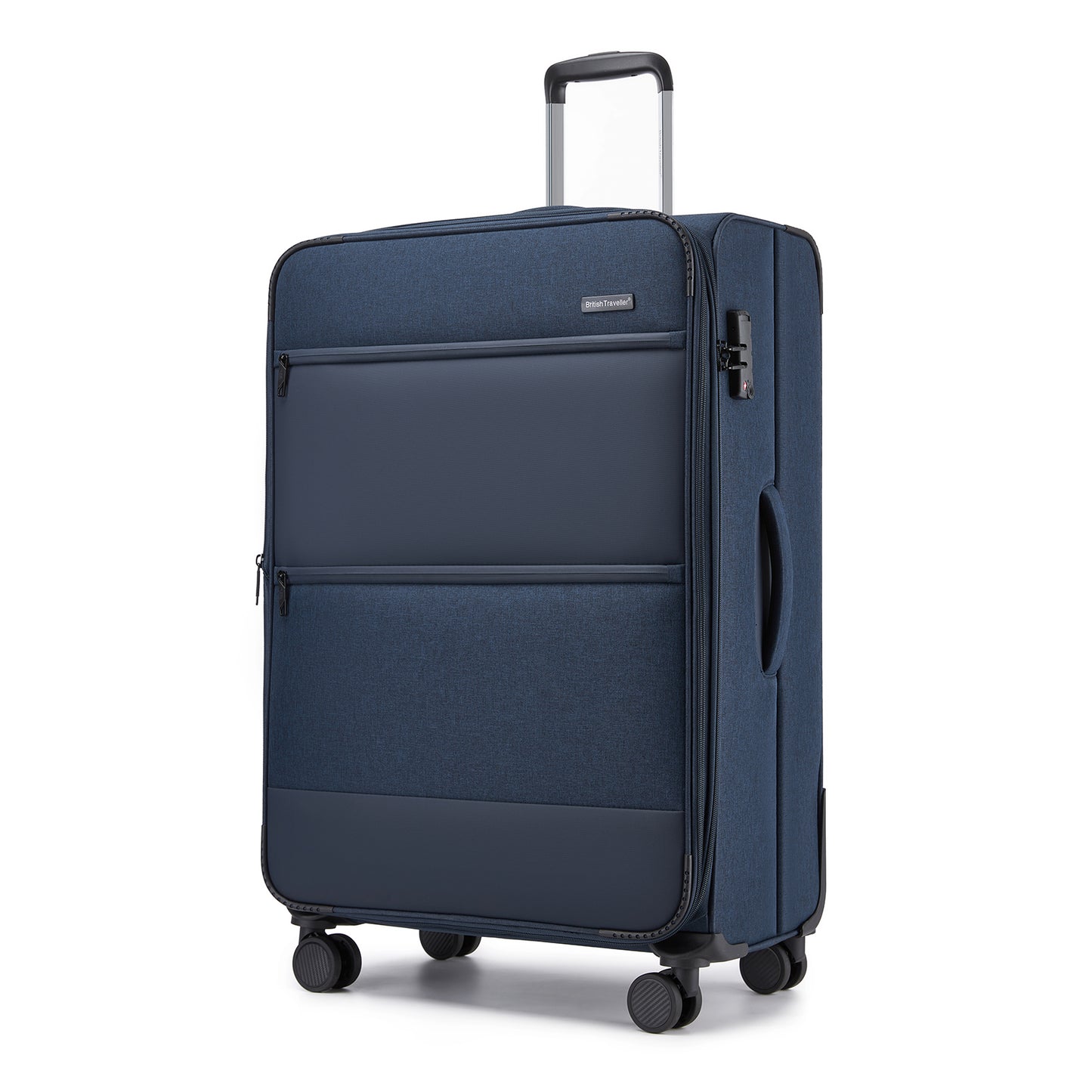 British Traveller Sleek Tough Travel Soft-Shell Suitcase with Silent TPE Spinners, TSA Security and Laptop Sleeve (KSB2597) - Navy