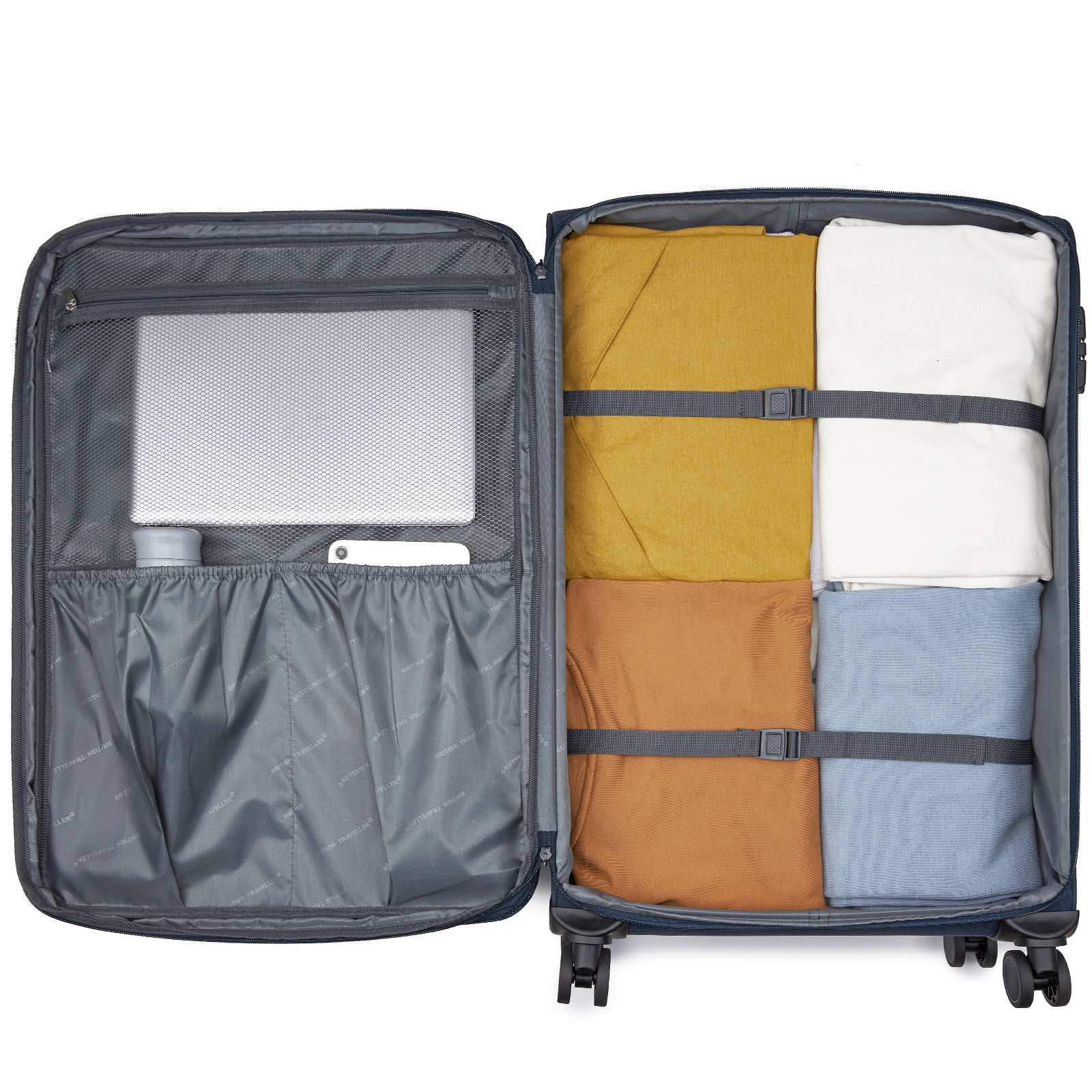 British Traveller 28″ Sleek Tough Soft-Shell Suitcase with Silent TPE Spinners, TSA Lock & Expandable Capacity – Navy