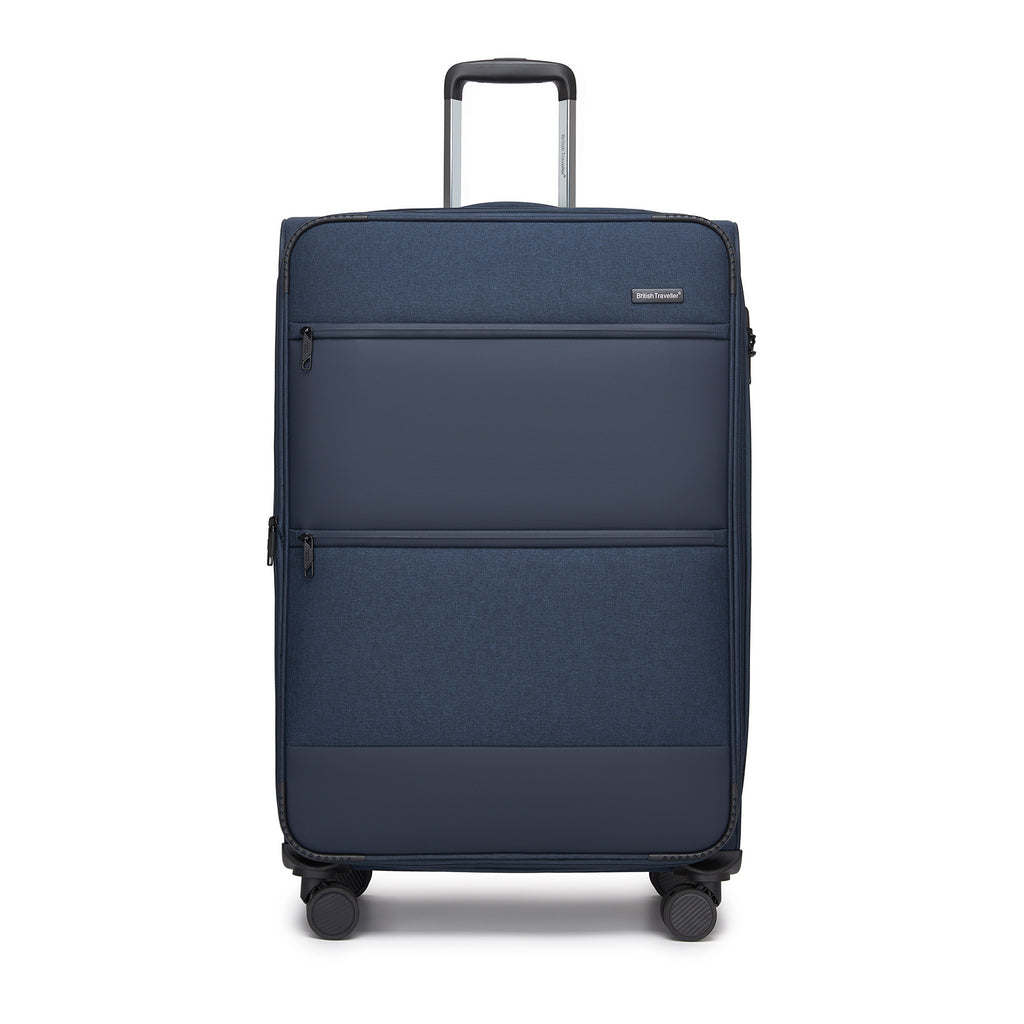 British Traveller 3-Piece Travel Soft-Shell Suitcase Set with Silent TPE Spinners, TSA Security & Expandable Capacity – Navy