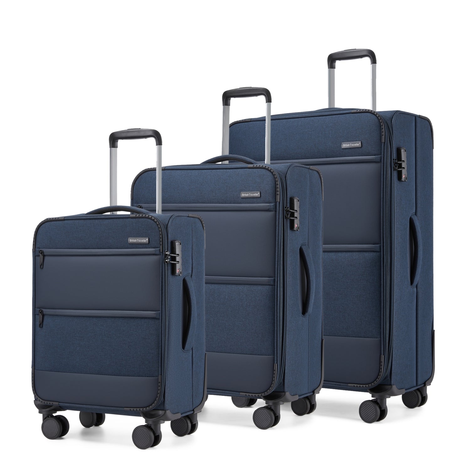British Traveller Sleek Tough 3-Piece Travel Soft-Shell Suitcase with Silent TPE Spinners, TSA Security and Expandable Checked Sizes (KSB2597) - Navy