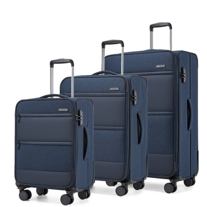 British Traveller Sleek Tough 3-Piece Travel Soft-Shell Suitcase with Silent TPE Spinners, TSA Security and Expandable Checked Sizes (KSB2597) - Navy