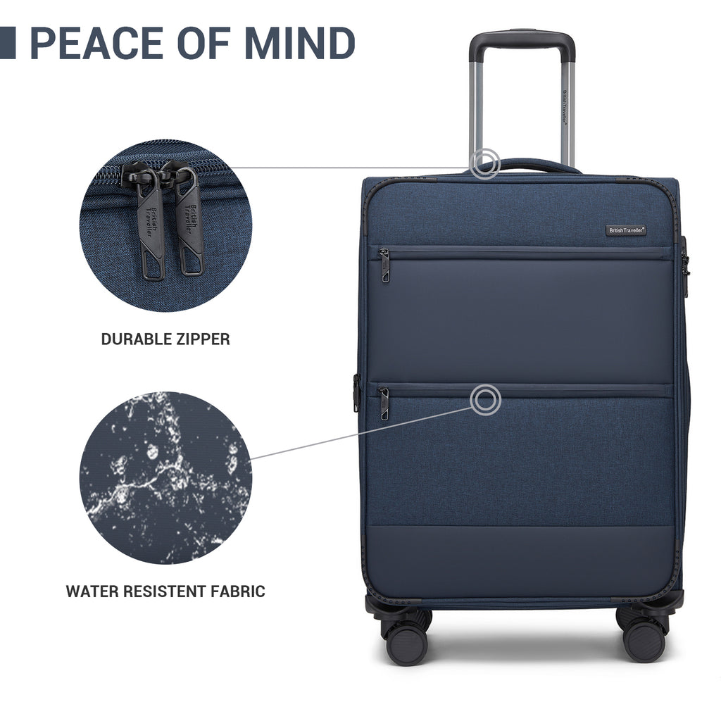 British Traveller Sleek Tough 24 Inch Travel Soft-Shell Suitcase with Silent TPE Spinners, TSA Security and Expandable Capacity - Navy