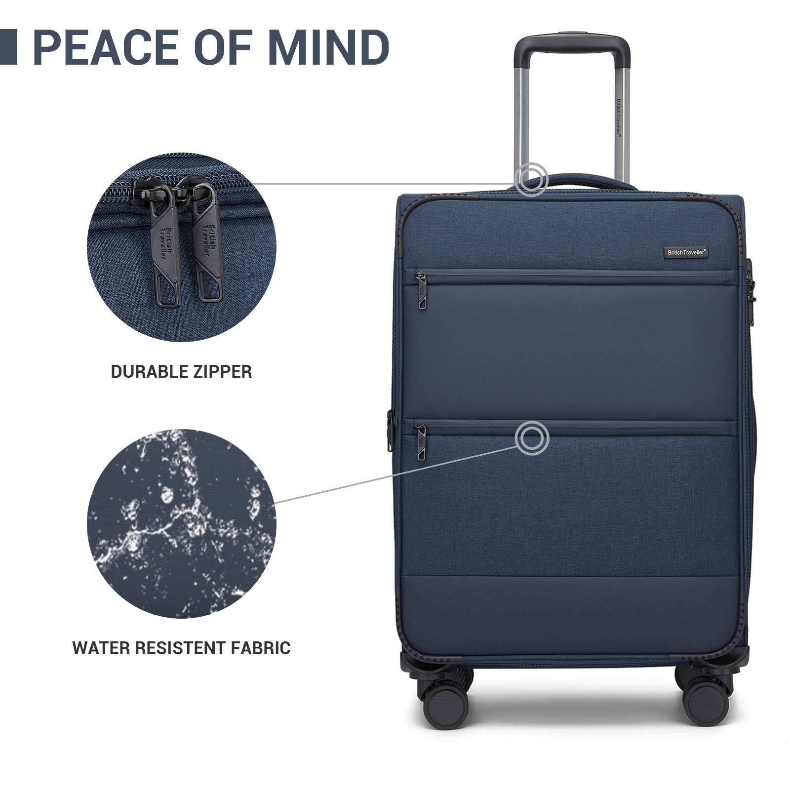 British Traveller Sleek Tough 24 Inch Travel Soft-Shell Suitcase with Silent TPE Spinners, TSA Security and Expandable Capacity - Navy