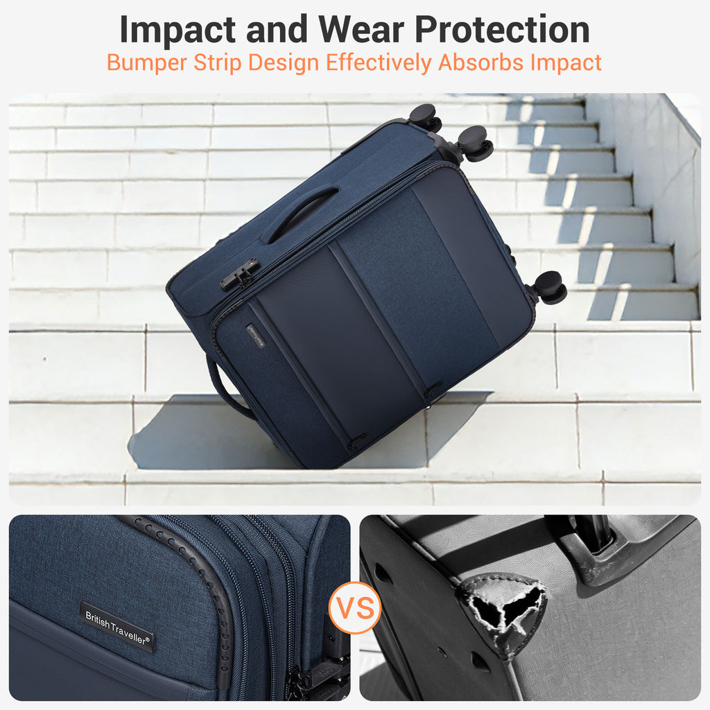 British Traveller Sleek Tough 24 Inch Travel Soft-Shell Suitcase with Silent TPE Spinners, TSA Security and Expandable Capacity - Navy