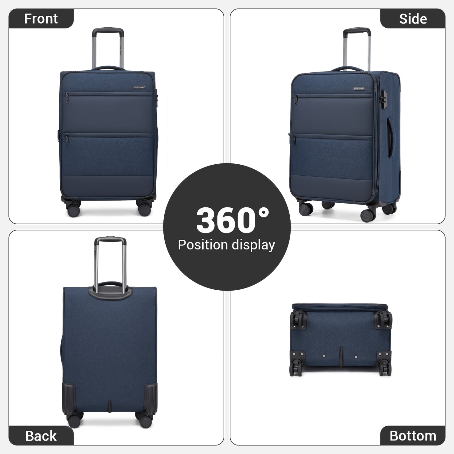 British Traveller Sleek Tough Travel Soft-Shell Suitcase with Silent TPE Spinners, TSA Security and Laptop Sleeve (KSB2597) - Navy