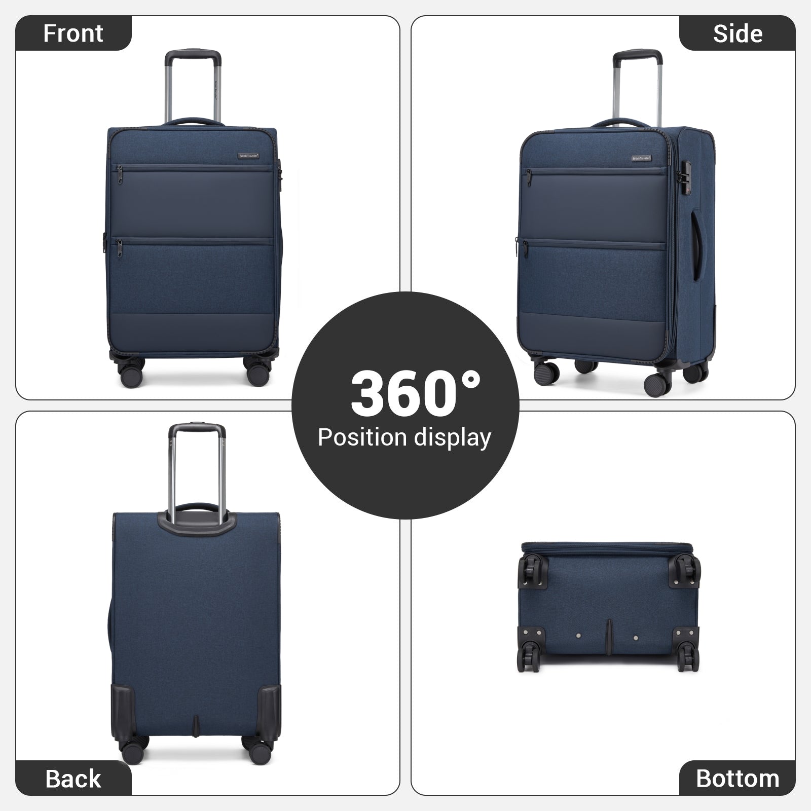 British Traveller 3-Piece Travel Soft-Shell Suitcase Set with Silent TPE Spinners, TSA Security & Expandable Capacity – Navy