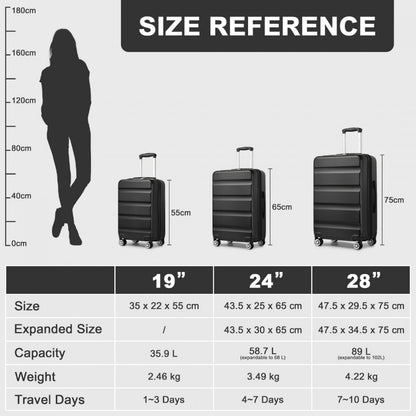 Kono 3-Piece Horizontal Engraved Hard Shell ABS+PC Suitcase with TSA Lock (KSK2482) - Black