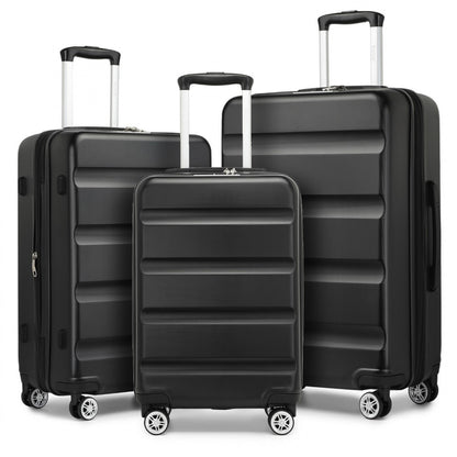 Kono 3-Piece Horizontal Engraved Hard Shell ABS+PC Suitcase with TSA Lock (KSK2482) - Black