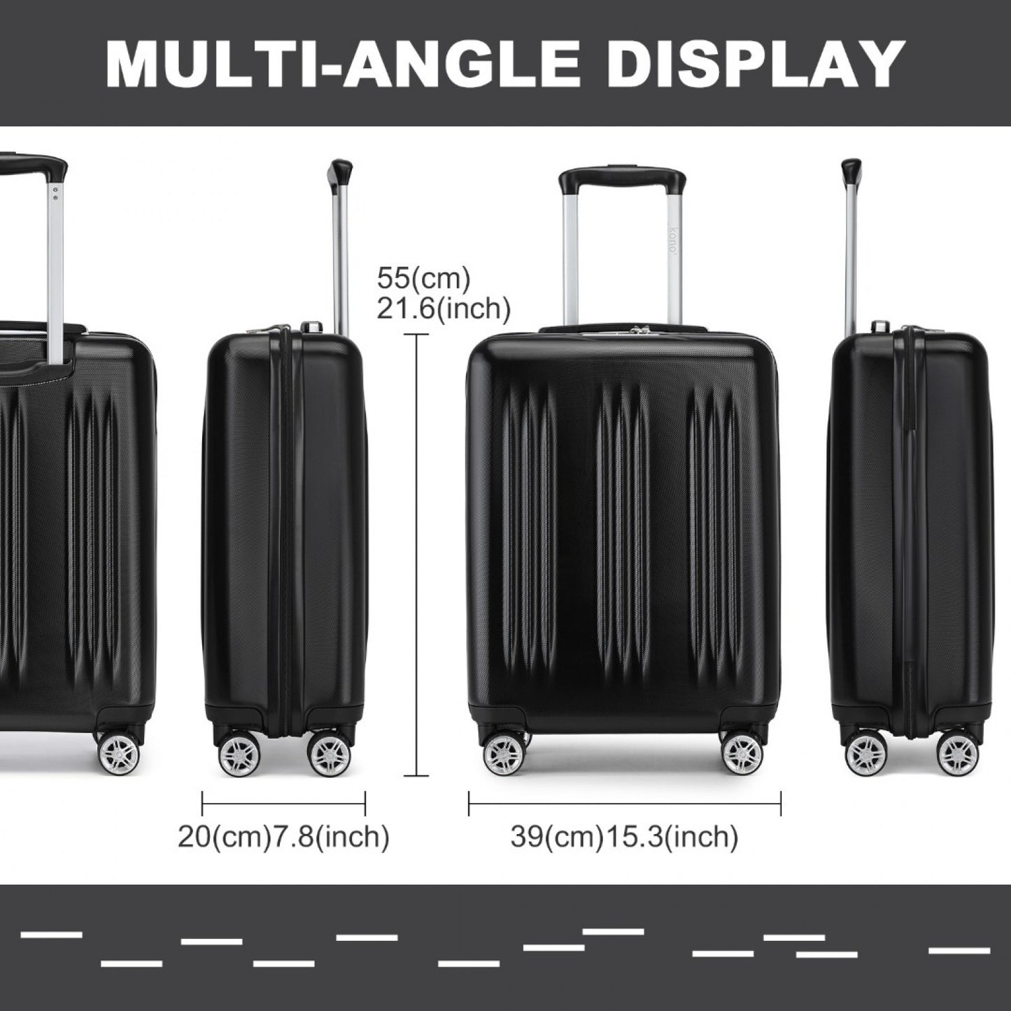 Kono Sleek Striped Suitcase Durable ABS+PC Luggage With Four Spinner Wheels And TSA Lock Perfect for Travel (KSK2483) - Black