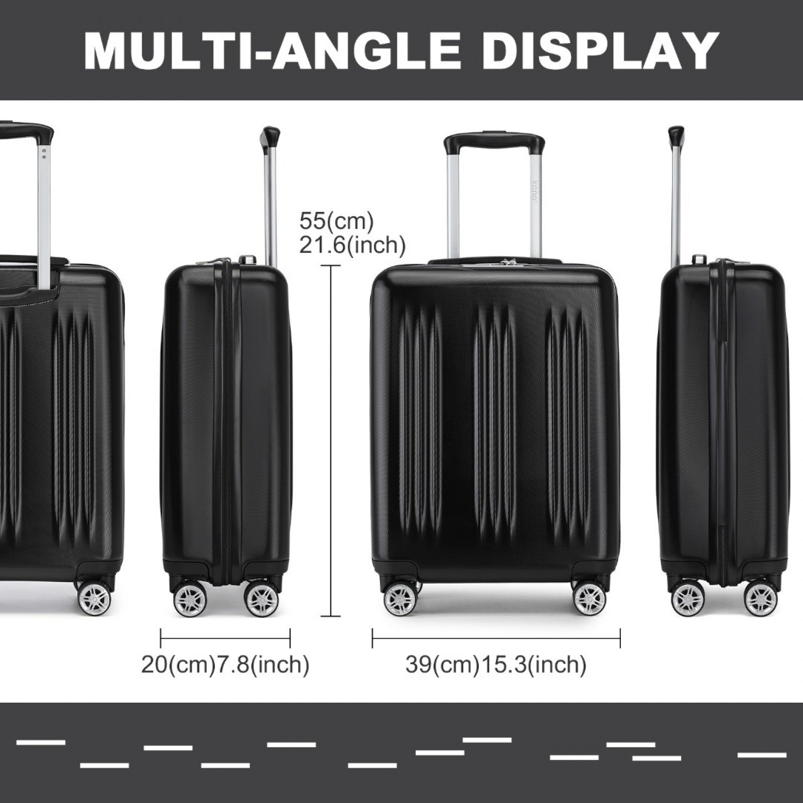 Kono Sleek Striped Suitcase Durable ABS+PC Luggage With Four Spinner Wheels And TSA Lock Perfect for Travel (KSK2483) - Black