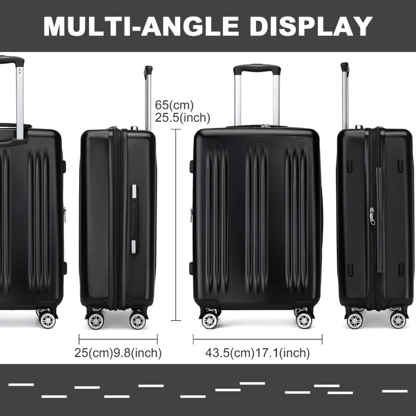 Kono Sleek Striped Suitcase Durable ABS+PC Luggage With Four Spinner Wheels And TSA Lock Perfect for Travel (KSK2483) - Black