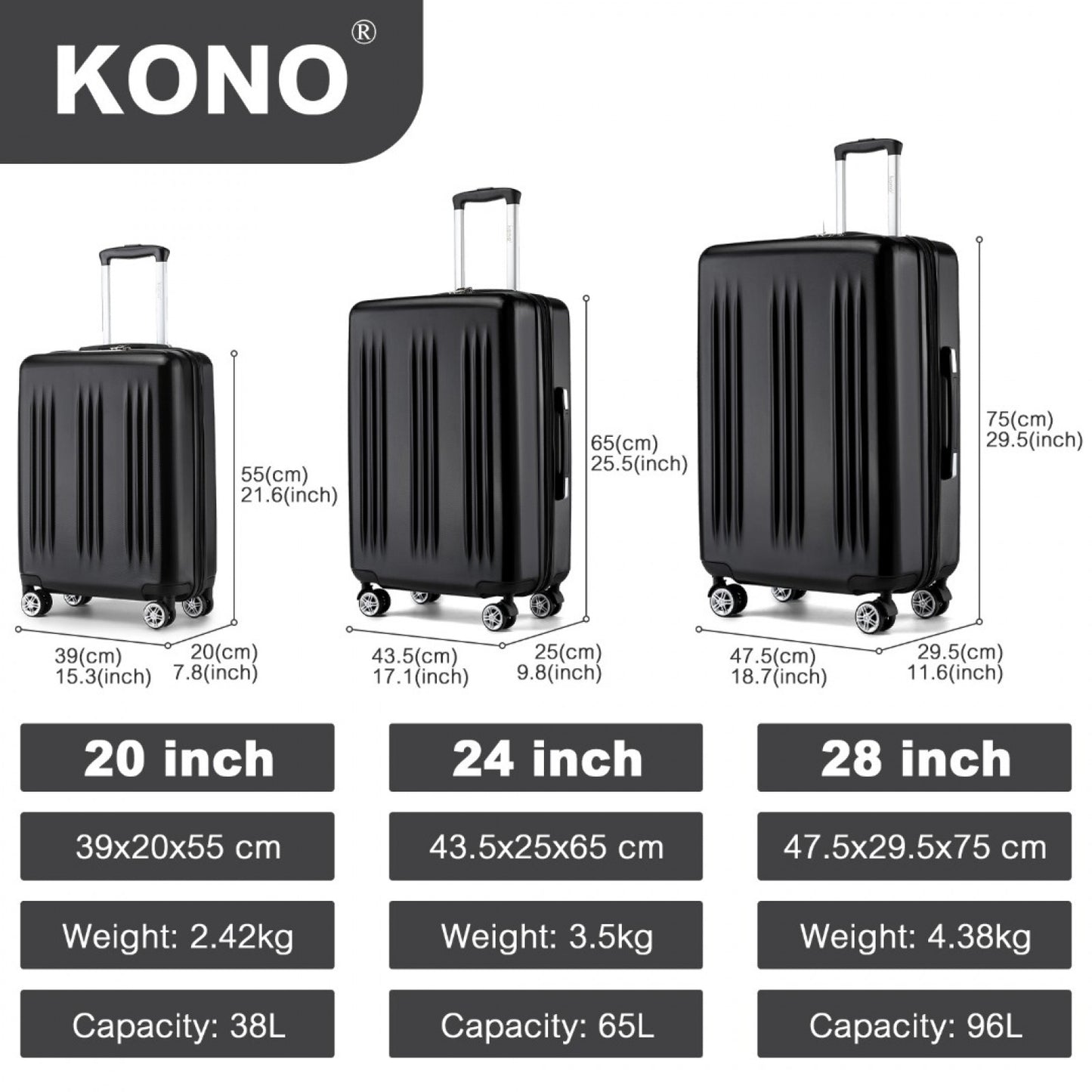 Kono 3 Piece Luggage Set 20/24/28 Inch Sleek Striped Expandable ABS+PC Suitcase With TSA Lock And Four Spinner Wheels (KSK2483) - Black