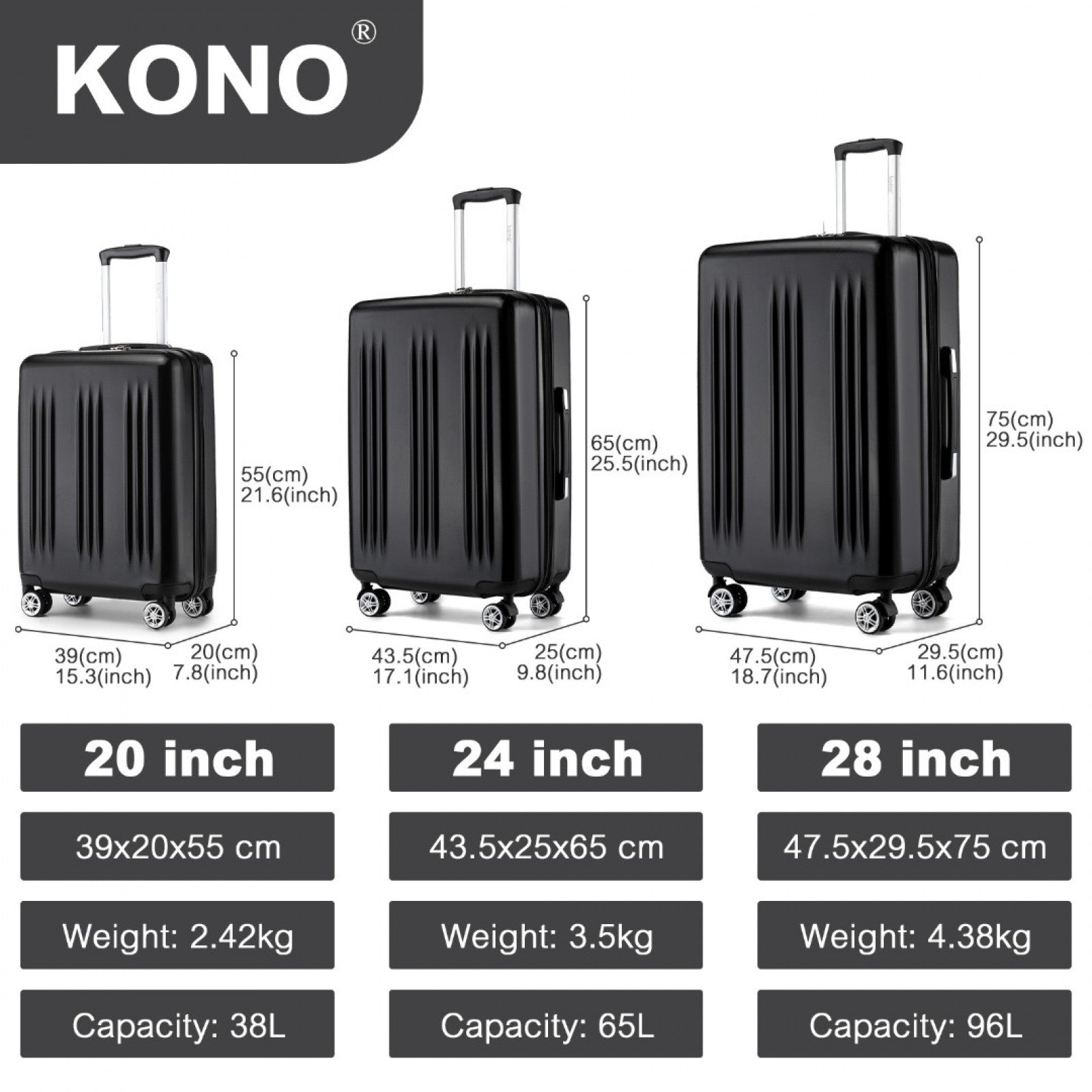 Kono 3 Piece Luggage Set 20/24/28 Inch Sleek Striped Expandable ABS+PC Suitcase With TSA Lock And Four Spinner Wheels (KSK2483) - Black