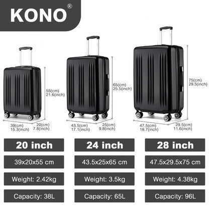 Kono 3 Piece Luggage Set 20/24/28 Inch Sleek Striped Expandable ABS+PC Suitcase With TSA Lock And Four Spinner Wheels (KSK2483) - Black