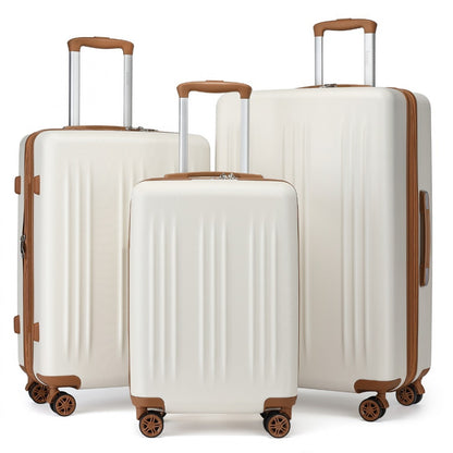 Kono 3 Piece Luggage Set 20/24/28 Inch Sleek Striped Expandable ABS+PC Suitcase With TSA Lock And Four Spinner Wheels (KSK2483) - Cream & Brown
