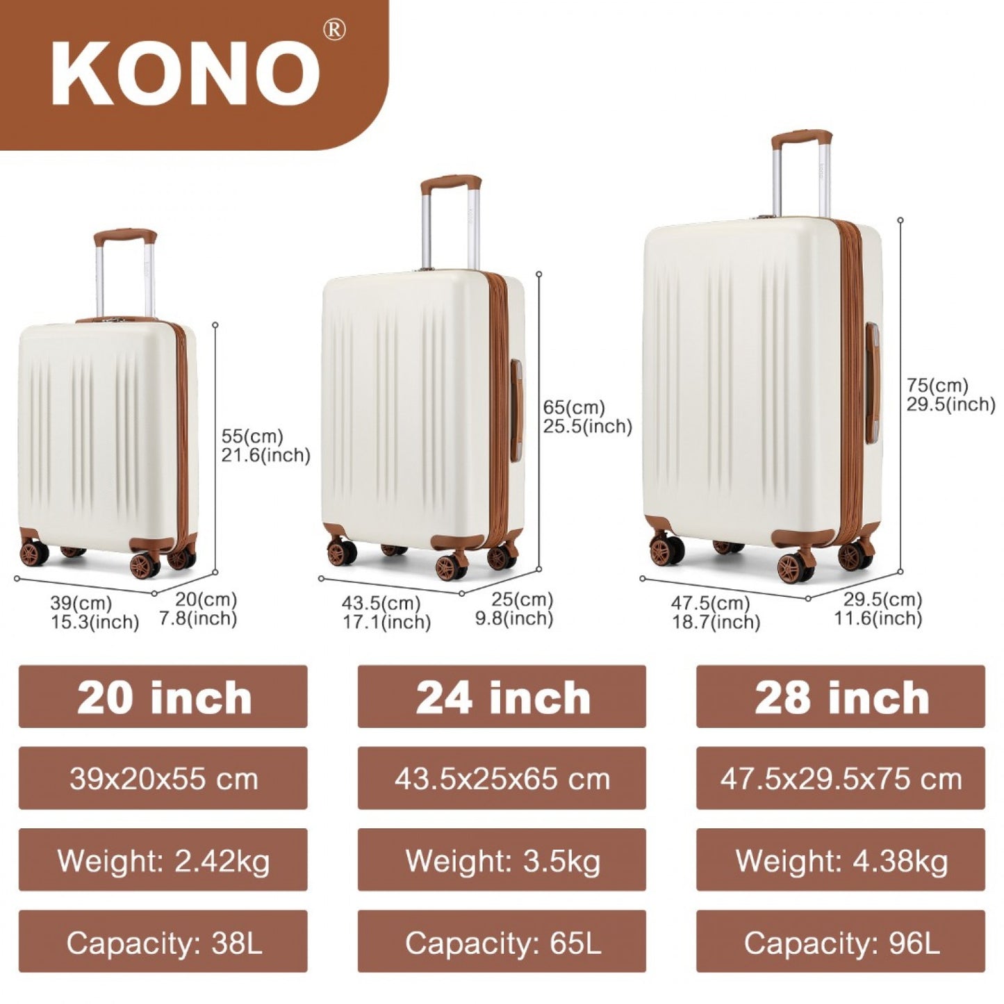Kono 3 Piece Luggage Set 20/24/28 Inch Sleek Striped Expandable ABS+PC Suitcase With TSA Lock And Four Spinner Wheels (KSK2483) - Cream & Brown