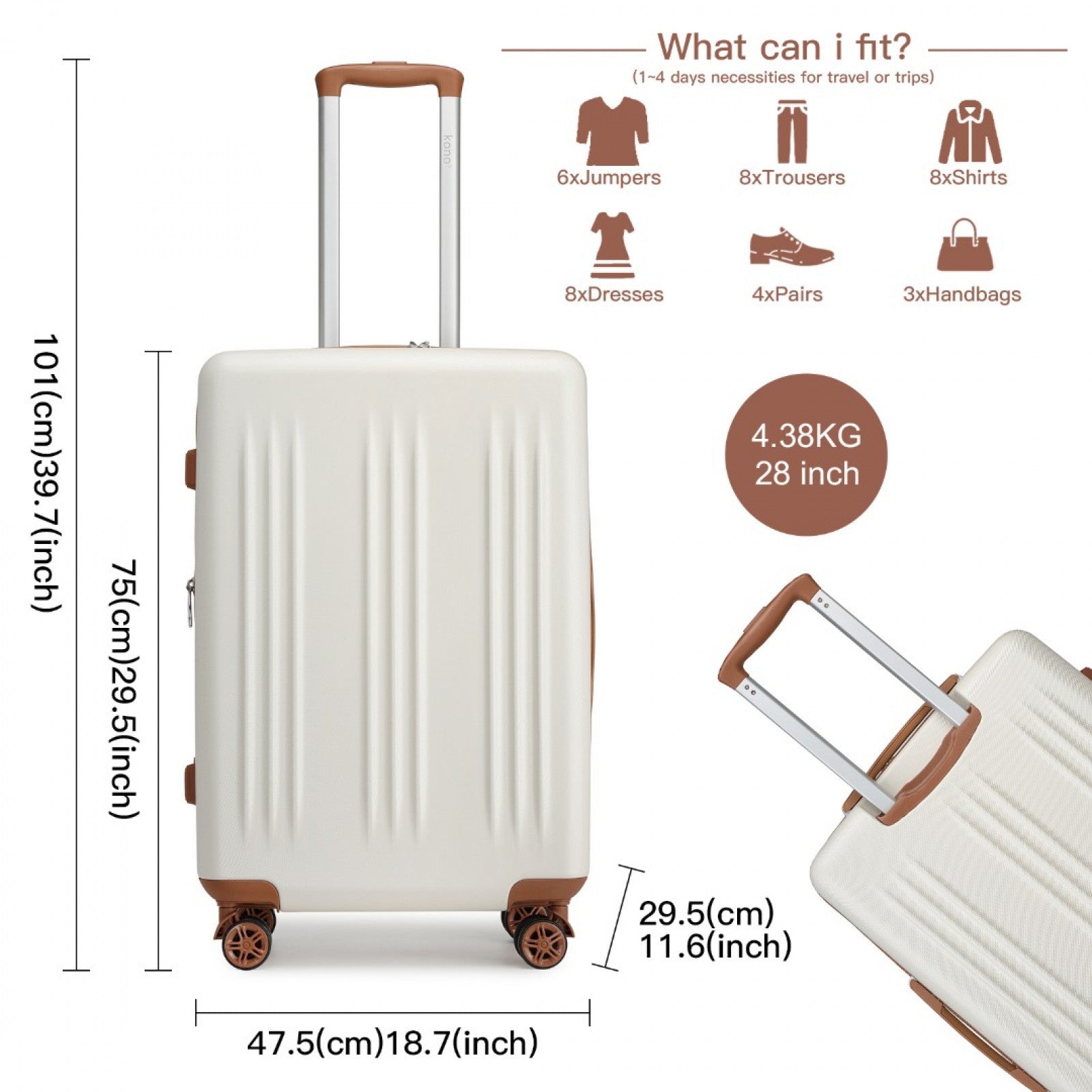 Kono Sleek Striped Suitcase Durable ABS+PC Luggage With Four Spinner Wheels And TSA Lock Perfect for Travel (KSK2483) - Cream & Brown
