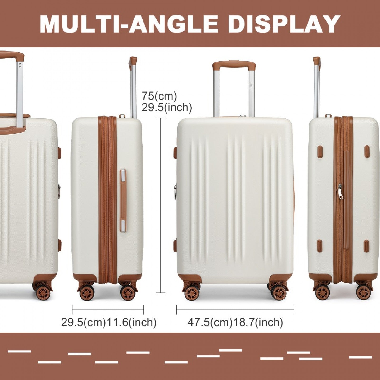 Kono Sleek Striped Suitcase Durable ABS+PC Luggage With Four Spinner Wheels And TSA Lock Perfect for Travel (KSK2483) - Cream & Brown