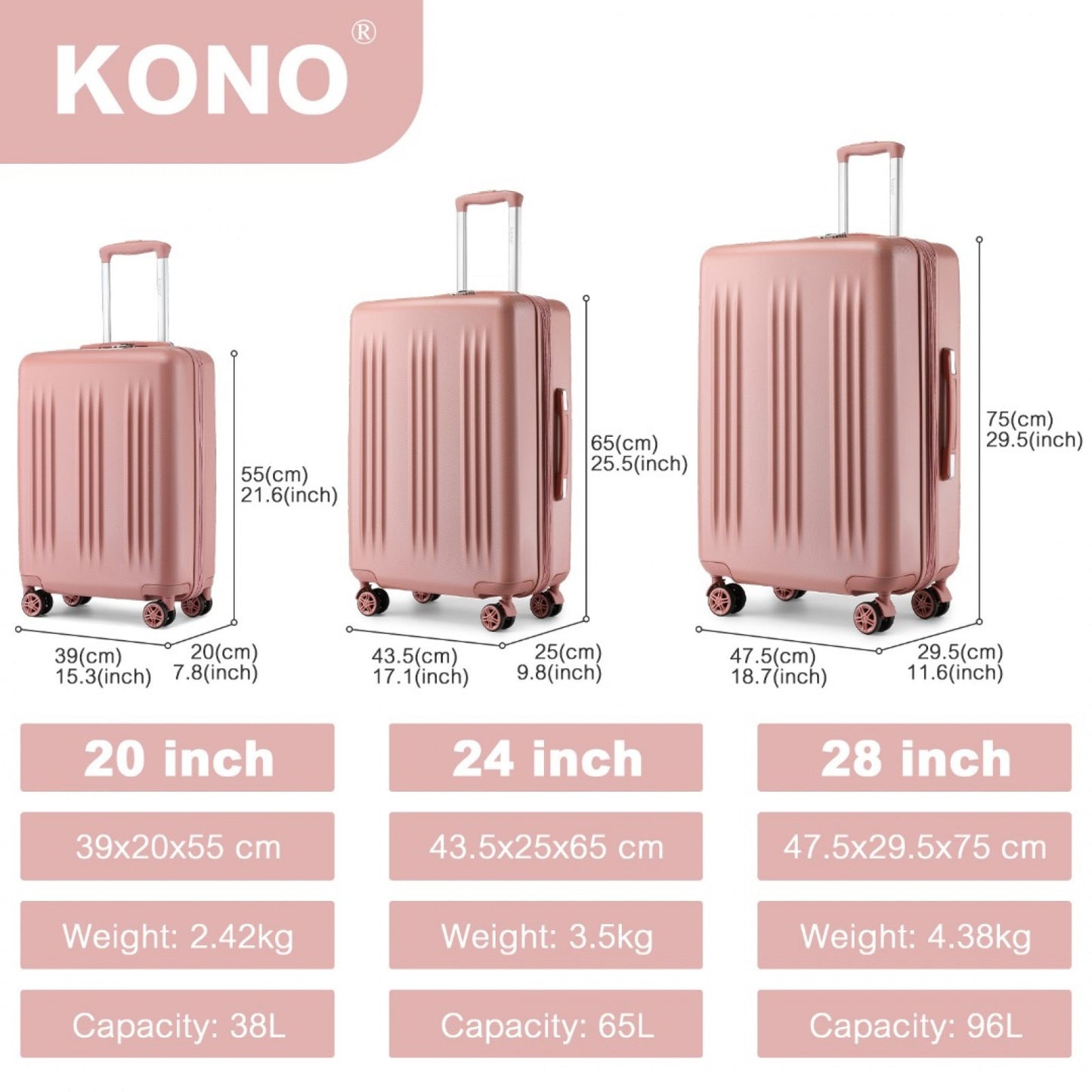 Kono 3 Piece Luggage Set 20/24/28 Inch Sleek Striped Expandable ABS+PC Suitcase With TSA Lock And Four Spinner Wheels (KSK2483) - Nude