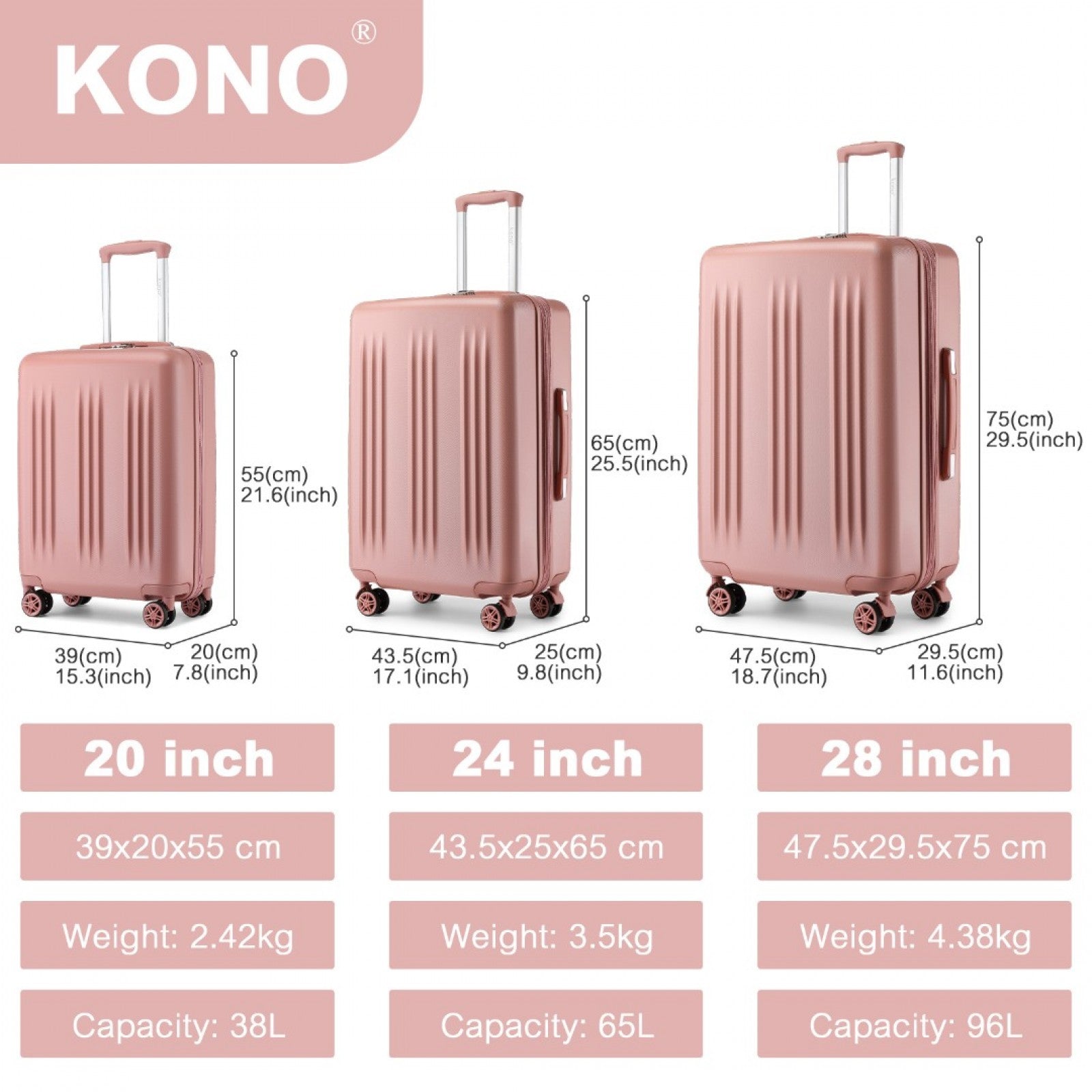 Kono 3 Piece Luggage Set 20/24/28 Inch Sleek Striped Expandable ABS+PC Suitcase With TSA Lock And Four Spinner Wheels (KSK2483) - Nude