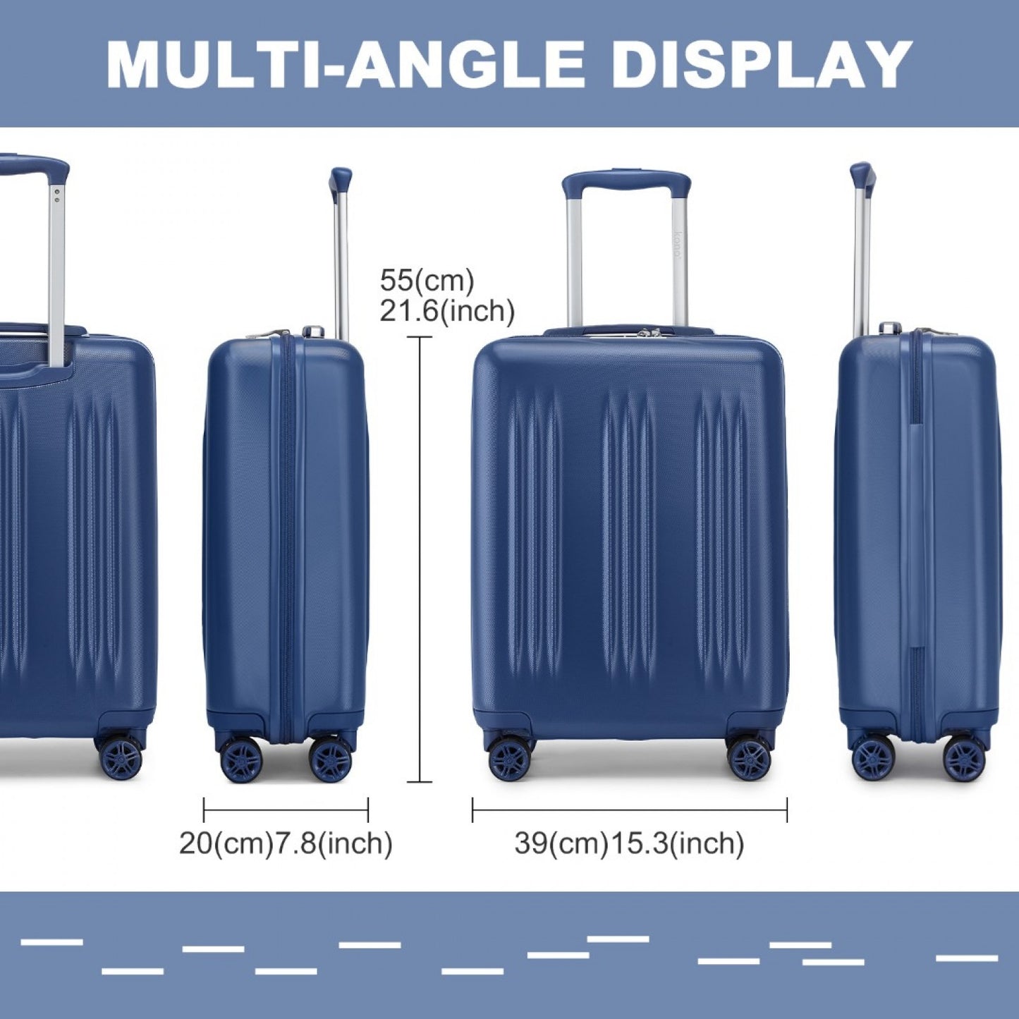 Kono Sleek Striped Suitcase Durable ABS+PC Luggage With Four Spinner Wheels And TSA Lock Perfect for Travel (KSK2483) - Navy