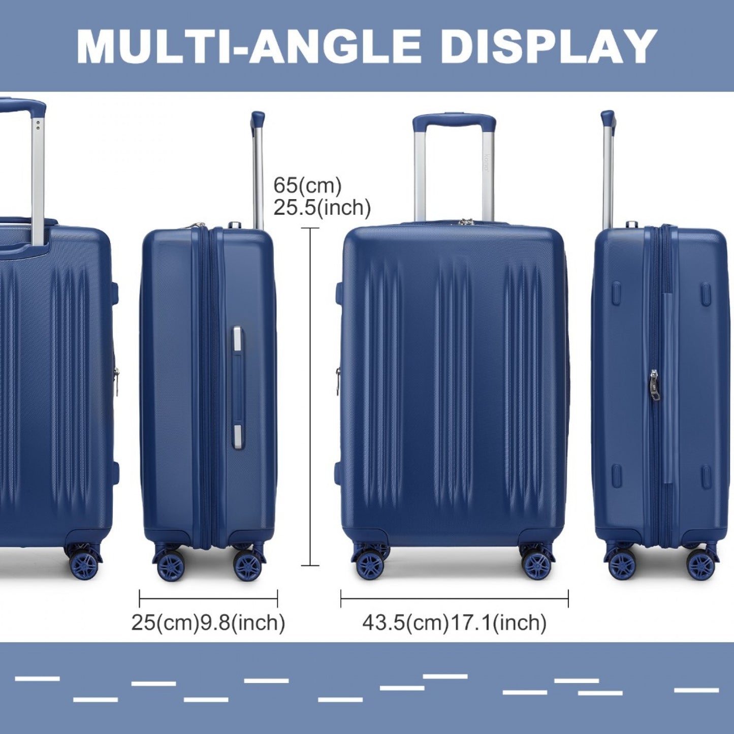 Kono Sleek Striped Suitcase Durable ABS+PC Luggage With Four Spinner Wheels And TSA Lock Perfect for Travel (KSK2483) - Navy