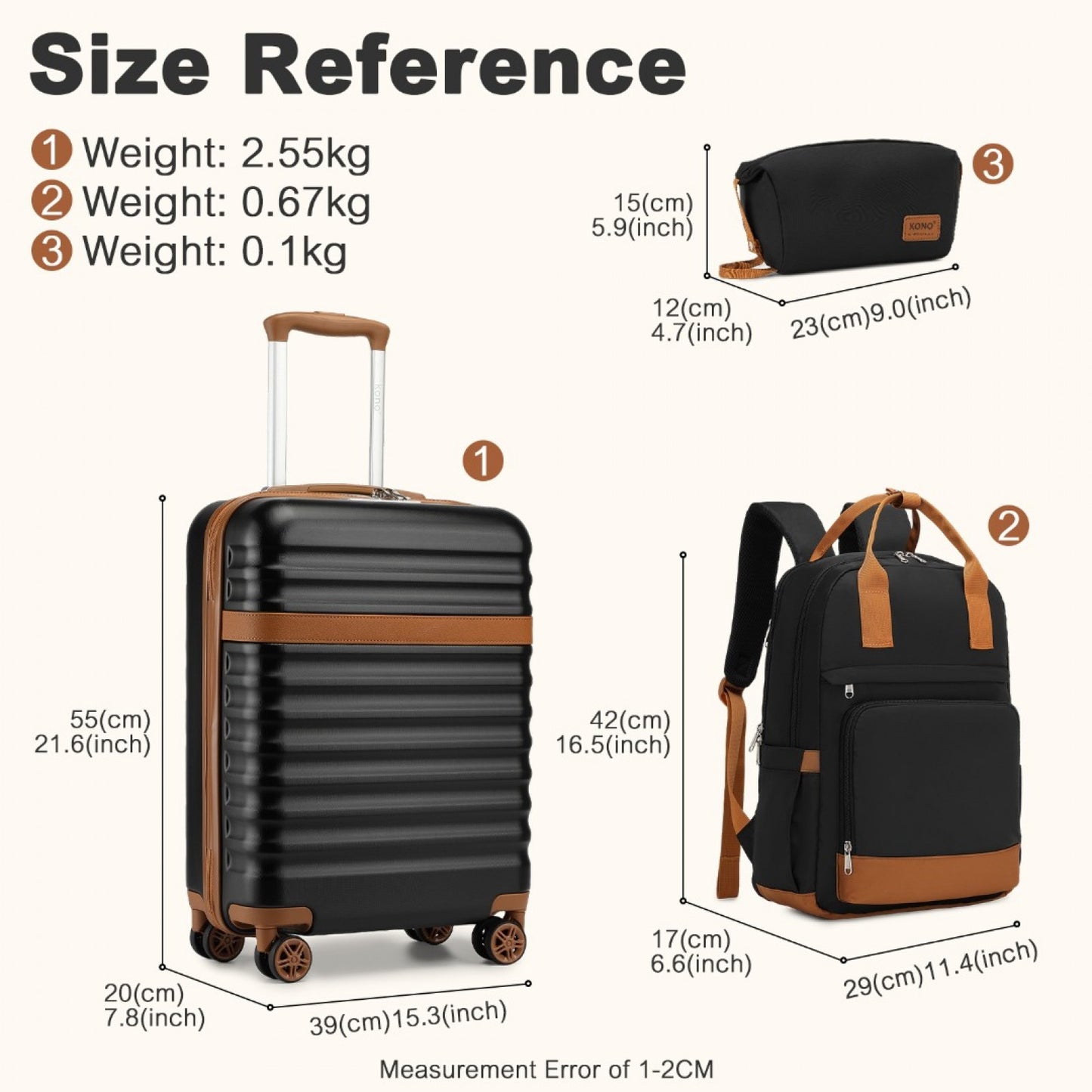 Kono 20 Inch Stylish Hard Shell ABS+PC Cabin Suitcase Included Multi-Compartment Backpack with Small Pouch 3 Piece Travel Set (KSK2484+EQ2401) - Black & Brown
