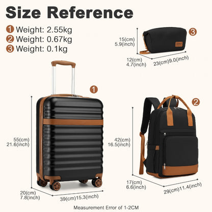 Kono 20 Inch Stylish Hard Shell ABS+PC Cabin Suitcase Included Multi-Compartment Backpack with Small Pouch 3 Piece Travel Set (KSK2484+EQ2401) - Black & Brown