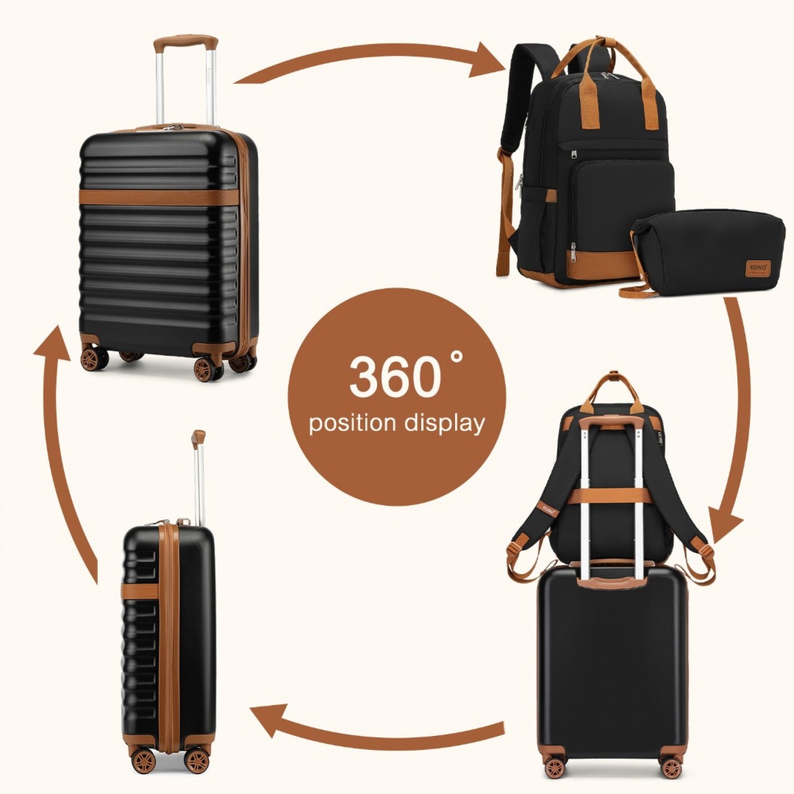 Kono 20 Inch Stylish Hard Shell ABS+PC Cabin Suitcase Included Multi-Compartment Backpack with Small Pouch 3 Piece Travel Set (KSK2484+EQ2401) - Black & Brown