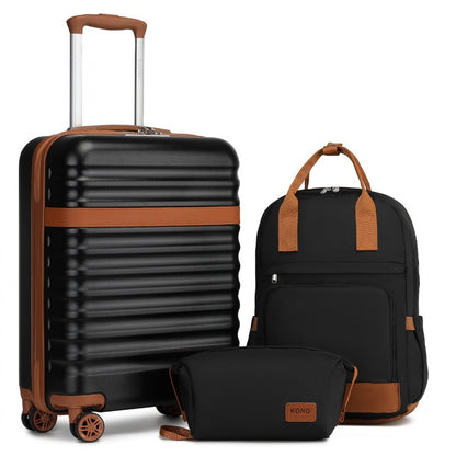 Kono 20 Inch Stylish Hard Shell ABS+PC Cabin Suitcase Included Multi-Compartment Backpack with Small Pouch 3 Piece Travel Set (KSK2484+EQ2401) - Black & Brown