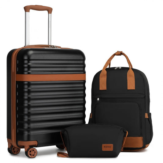 Kono 20 Inch Stylish Hard Shell ABS+PC Cabin Suitcase Included Multi-Compartment Backpack with Small Pouch 3 Piece Travel Set (KSK2484+EQ2401) - Black & Brown
