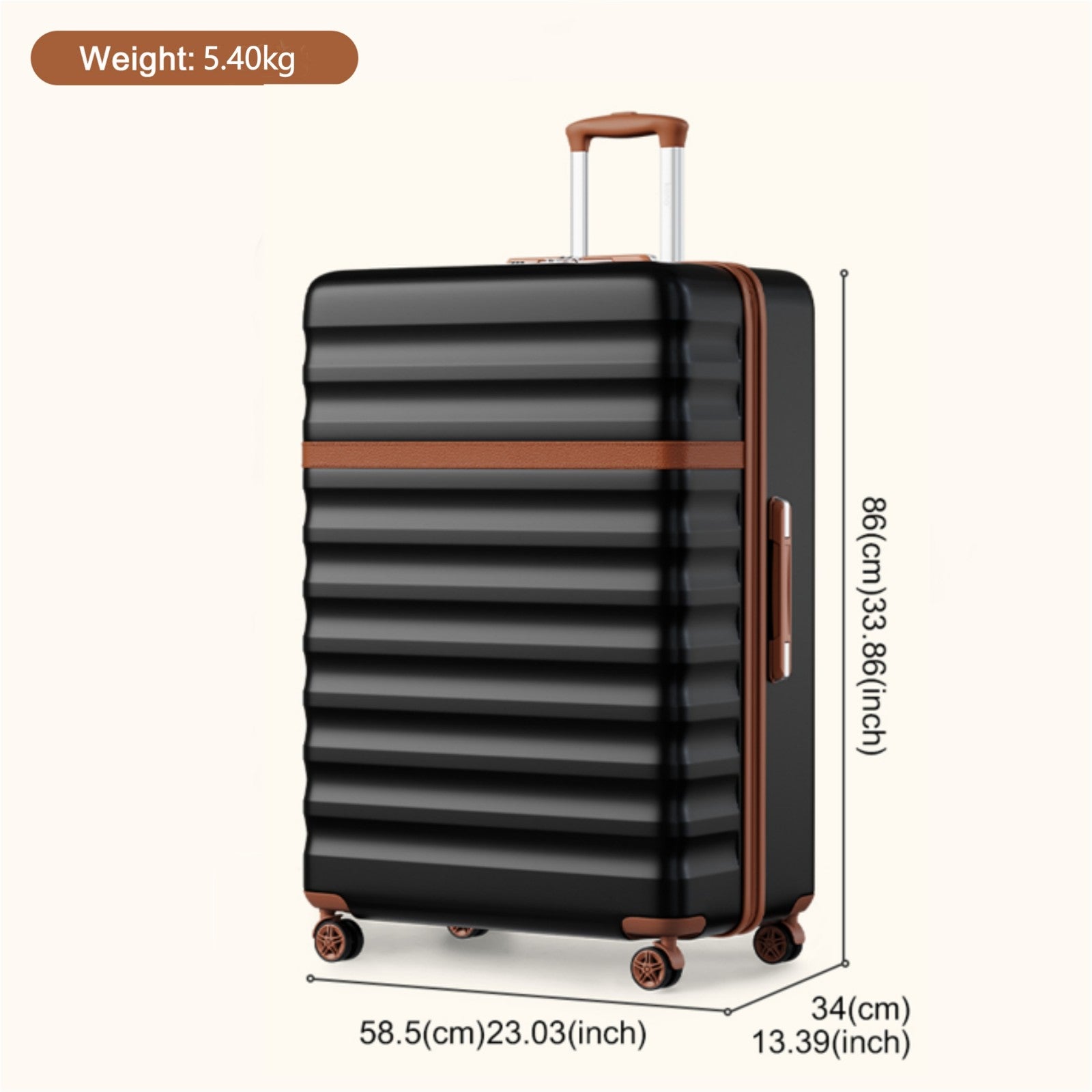 Kono 32-Inch ABS+PC Extra Large Hard Shell Spinner Suitcase with Telescopic Handle - Black and Brown