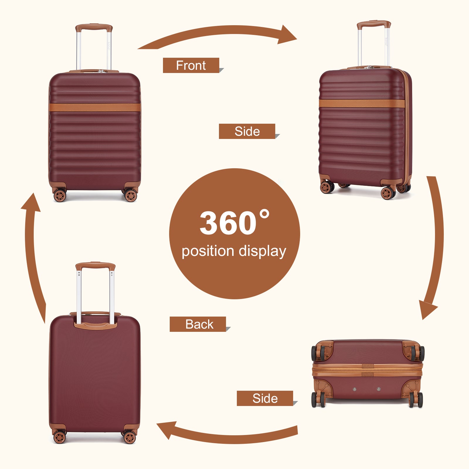 Kono Stylish Lightweight Hard Shell ABS+PC Cabin Suitcase with TSA Lock for Enhanced Security (KSK2484) - Burgundy & Brown