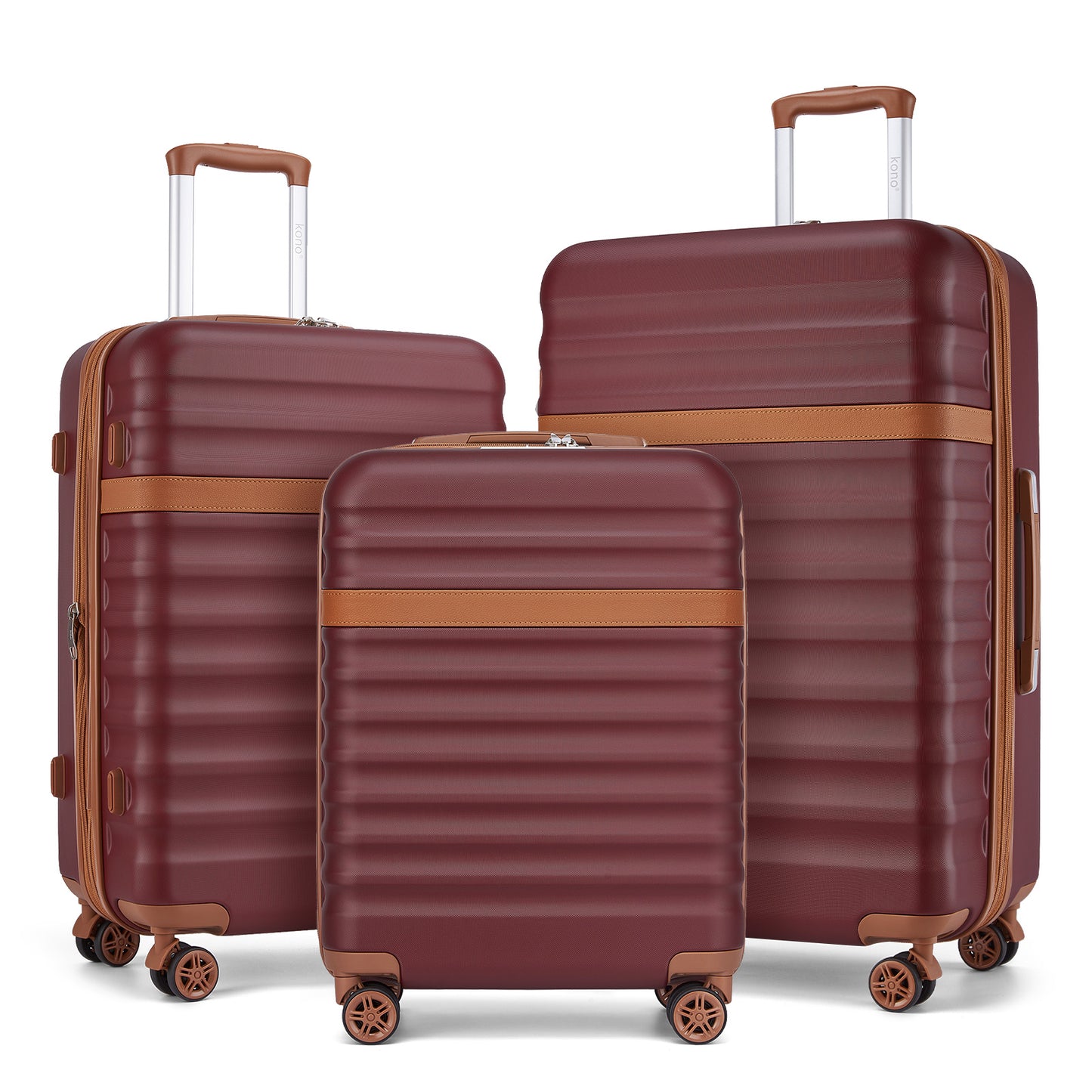 Kono 3-Piece Expandable Luggage Set 20"/24"/28" Durable Hard Shell ABS+PC Suitcases with TSA Lock for Secure Travel (KSK2484) - Burgundy & Brown