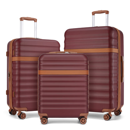 Kono 3-Piece Expandable Luggage Set 20"/24"/28" Durable Hard Shell ABS+PC Suitcases with TSA Lock for Secure Travel (KSK2484) - Burgundy & Brown