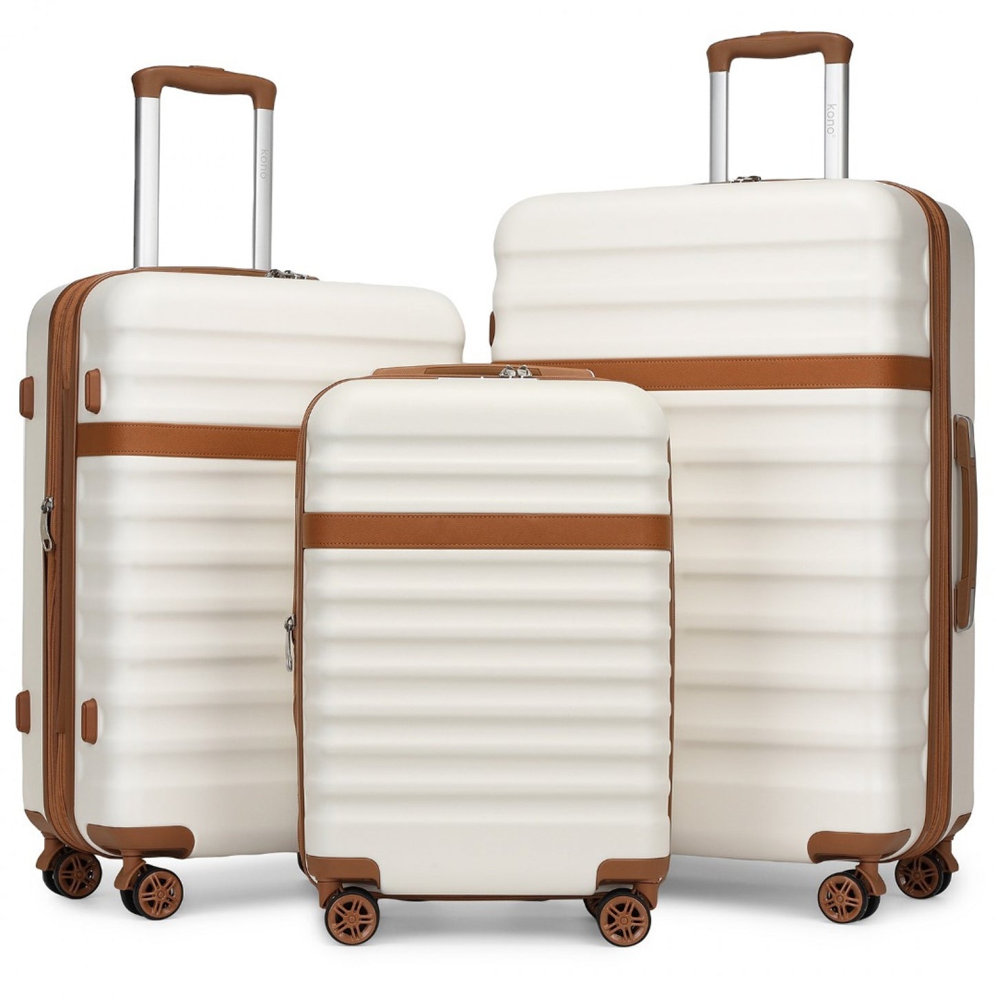 Kono 3-Piece Expandable Luggage Set 20"/24"/28" Durable Hard Shell ABS+PC Suitcases with TSA Lock for Secure Travel (KSK2484) - Cream & Brown