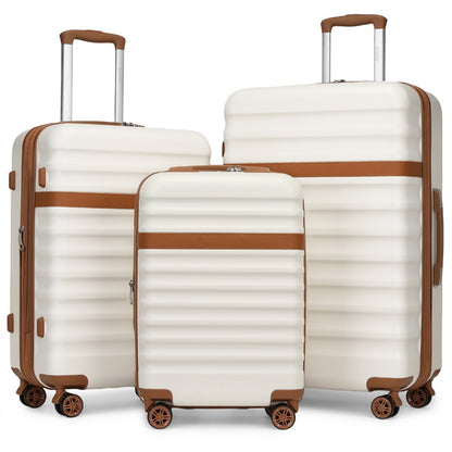 Kono 3-Piece Expandable Luggage Set 20"/24"/28" Durable Hard Shell ABS+PC Suitcases with TSA Lock for Secure Travel (KSK2484) - Cream & Brown