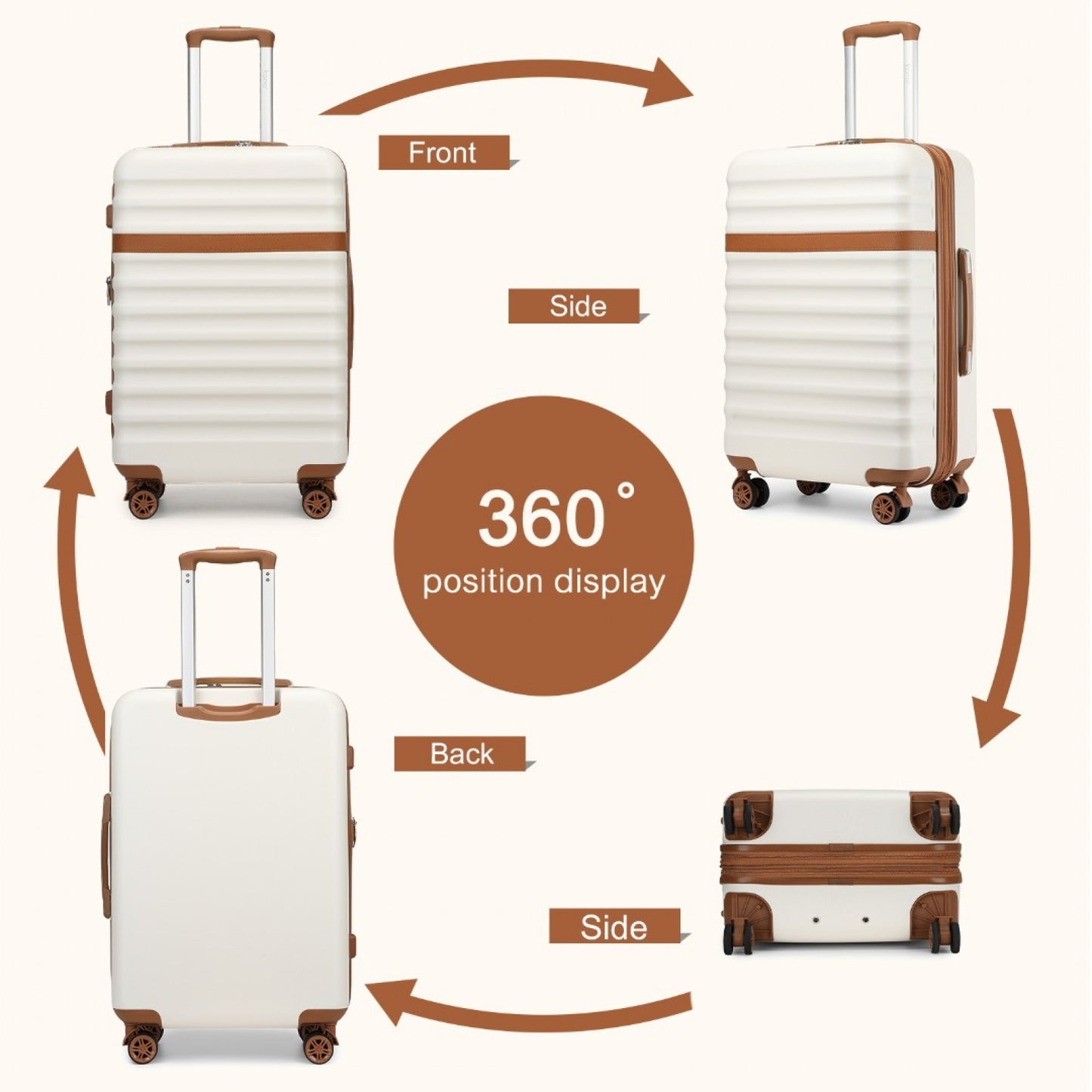 Kono 3-Piece Expandable Luggage Set 20"/24"/28" Durable Hard Shell ABS+PC Suitcases with TSA Lock for Secure Travel (KSK2484) - Cream & Brown