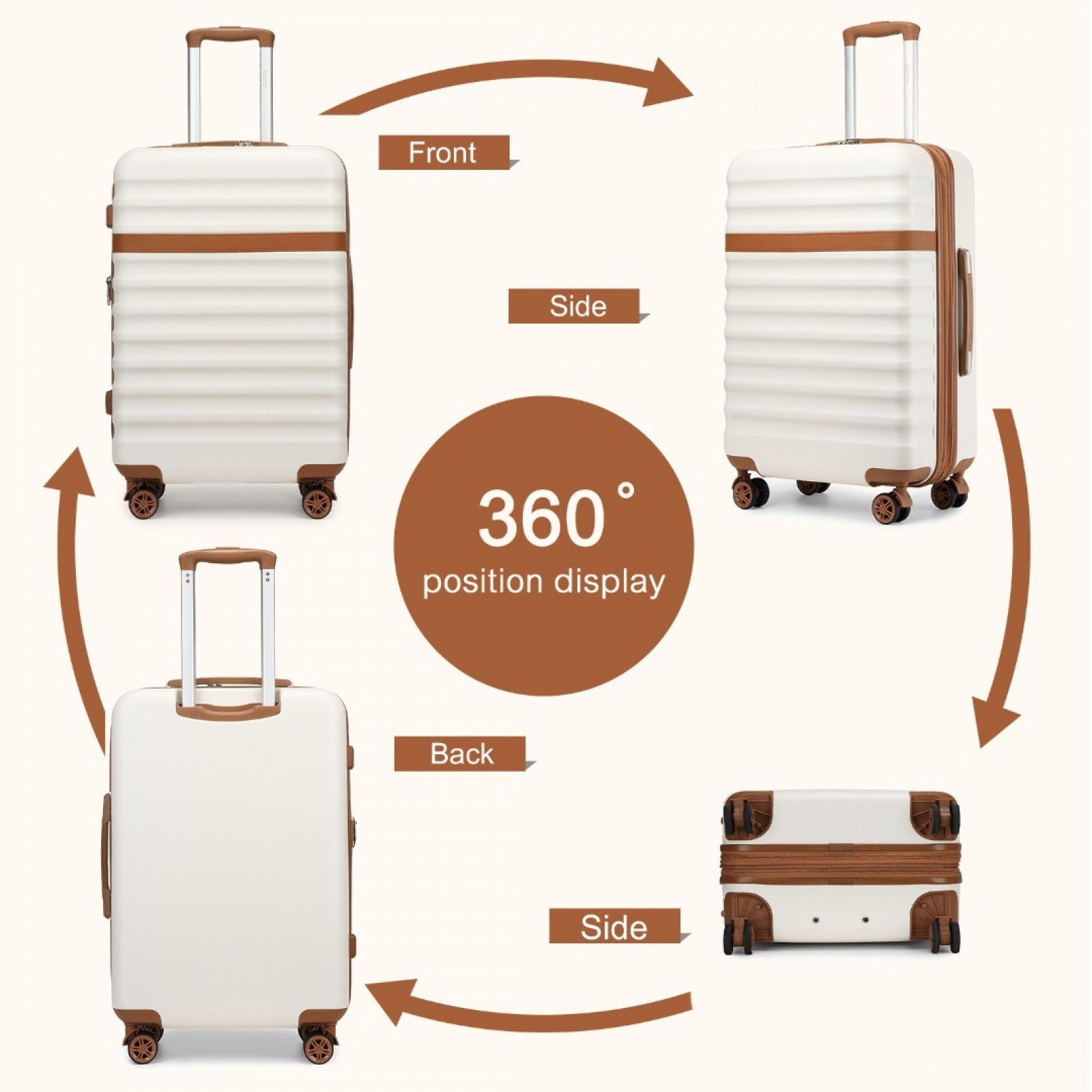 Kono 3-Piece Expandable Luggage Set 20"/24"/28" Durable Hard Shell ABS+PC Suitcases with TSA Lock for Secure Travel (KSK2484) - Cream & Brown