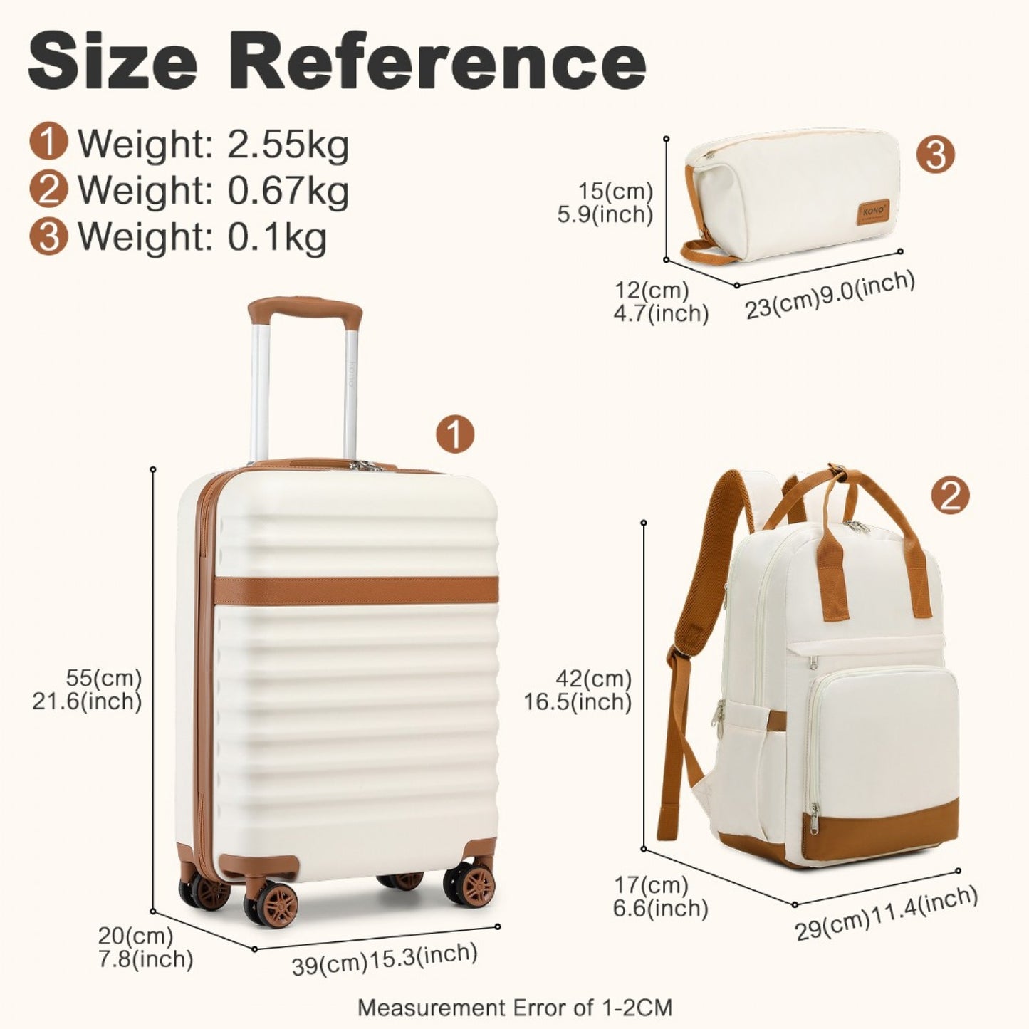 Kono 20 Inch Stylish Hard Shell ABS+PC Cabin Suitcase Included Multi-Compartment Backpack with Small Pouch 3 Piece Travel Set (KSK2484+EQ2401) - Cream & Brown