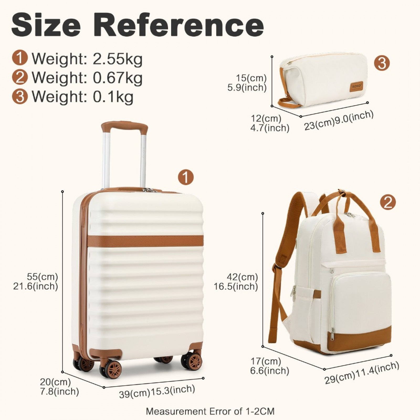 Kono 20 Inch Stylish Hard Shell ABS+PC Cabin Suitcase Included Multi-Compartment Backpack with Small Pouch 3 Piece Travel Set (KSK2484+EQ2401) - Cream & Brown