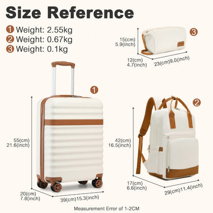 Kono 20 Inch Stylish Hard Shell ABS+PC Cabin Suitcase Included Multi-Compartment Backpack with Small Pouch 3 Piece Travel Set (KSK2484+EQ2401) - Cream & Brown