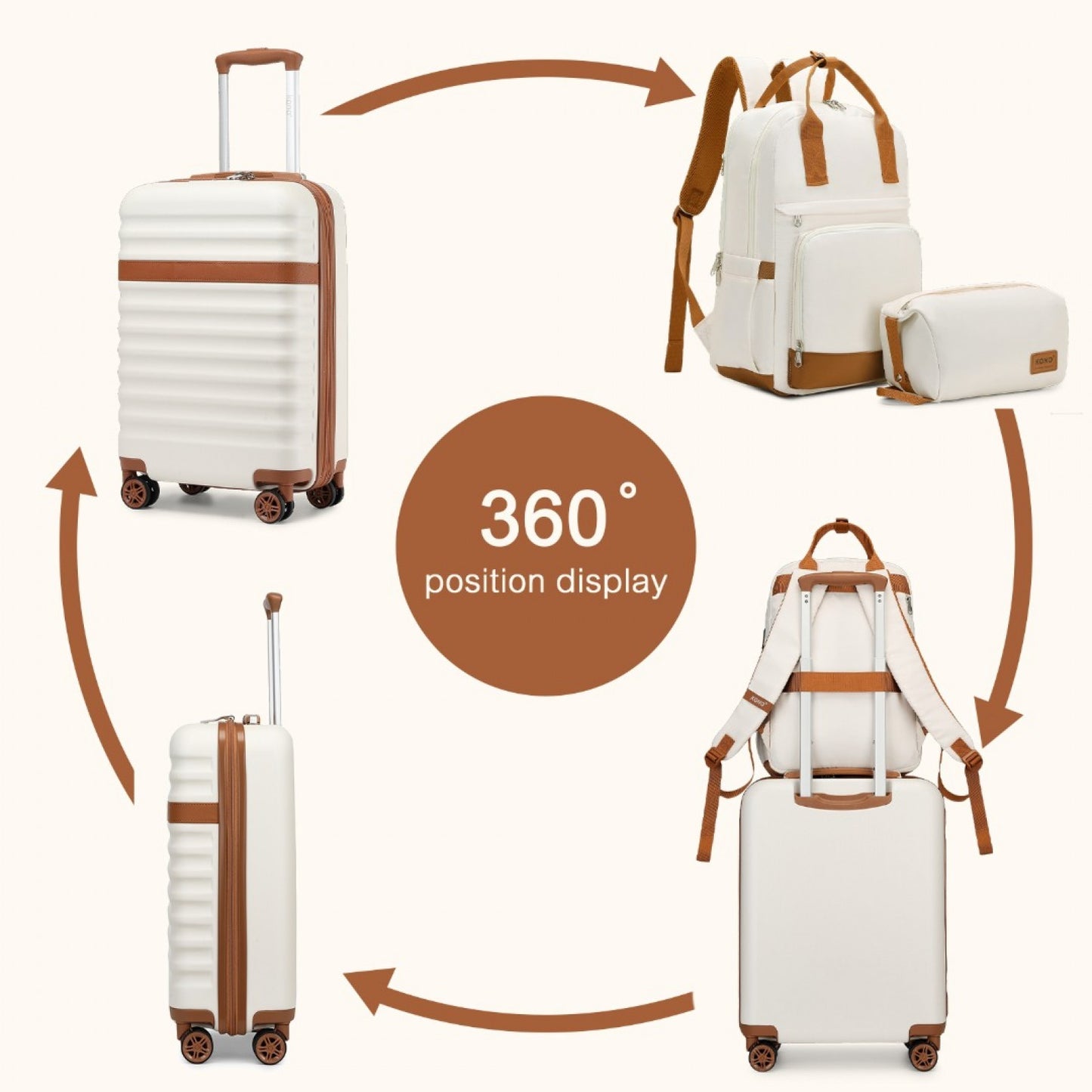Kono 20 Inch Stylish Hard Shell ABS+PC Cabin Suitcase Included Multi-Compartment Backpack with Small Pouch 3 Piece Travel Set (KSK2484+EQ2401) - Cream & Brown