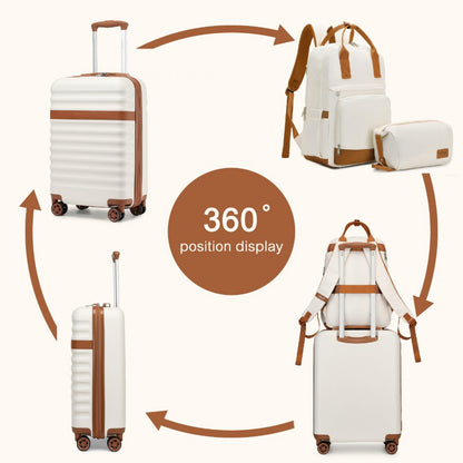 Kono 20 Inch Stylish Hard Shell ABS+PC Cabin Suitcase Included Multi-Compartment Backpack with Small Pouch 3 Piece Travel Set (KSK2484+EQ2401) - Cream & Brown