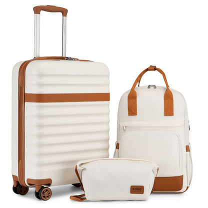 Kono 20 Inch Stylish Hard Shell ABS+PC Cabin Suitcase Included Multi-Compartment Backpack with Small Pouch 3 Piece Travel Set (KSK2484+EQ2401) - Cream & Brown